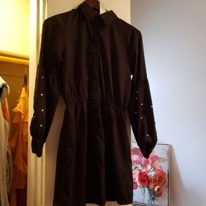 Black button down dress with pearled bubble sleeve